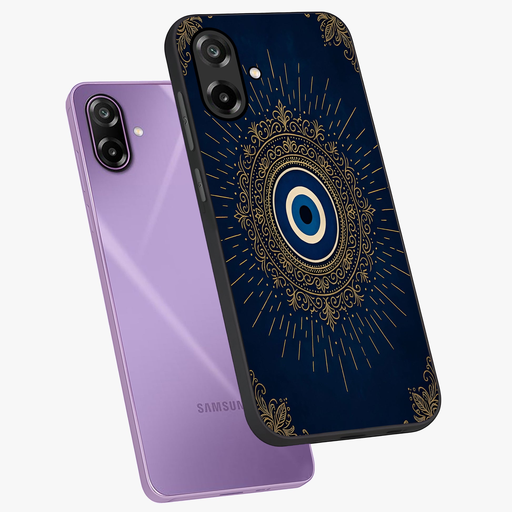 Golden Celestial Charm Glass Case displayed in angled mockup highlighting sparkling cosmic charm design with celestial aesthetic.