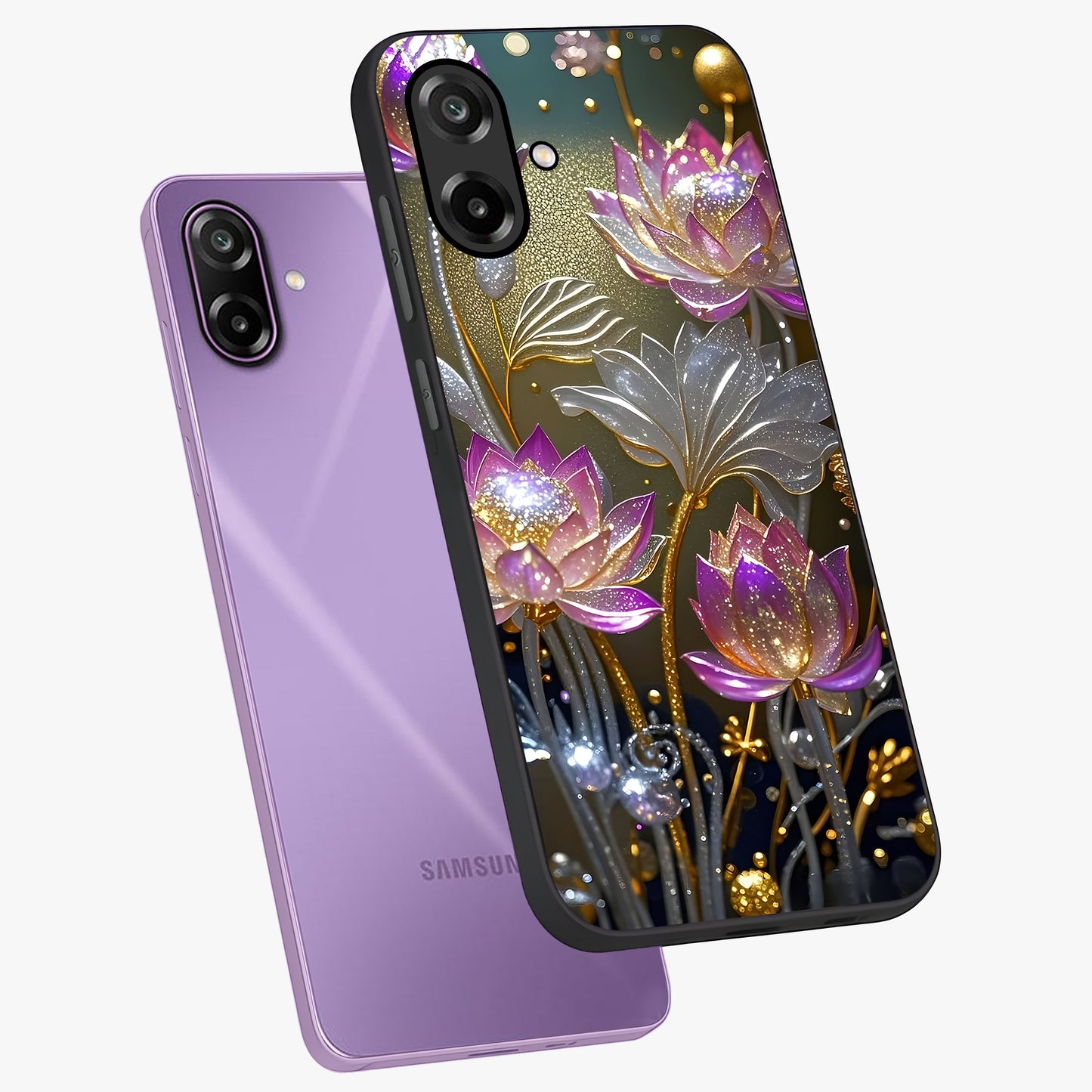 Golden Floral Majesty Glass Case displayed in angled mockup highlighting elegant flower design with royal golden aesthetic.
