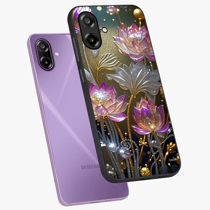 Golden Floral Majesty Glass Case displayed in angled mockup highlighting elegant flower design with royal golden aesthetic.