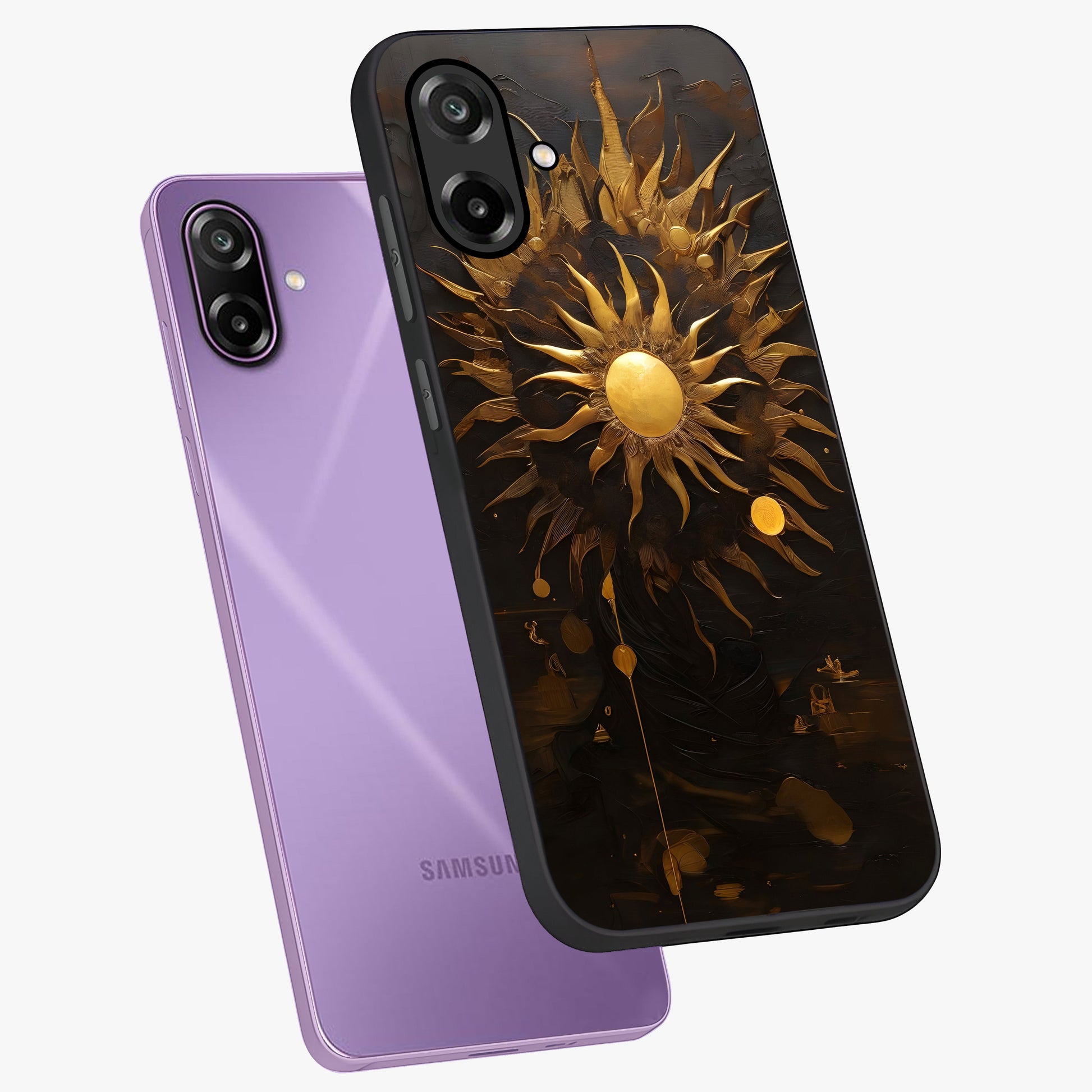 Golden Sun Majesty Glass Case displayed in angled mockup highlighting eerie shadow illustration with gothic aesthetic.