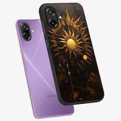 Golden Sun Majesty Glass Case displayed in angled mockup highlighting eerie shadow illustration with gothic aesthetic.