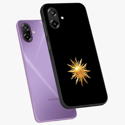 Golden Sun Minimalism Glass Case displayed in angled mockup highlighting eerie shadow illustration with gothic aesthetic.