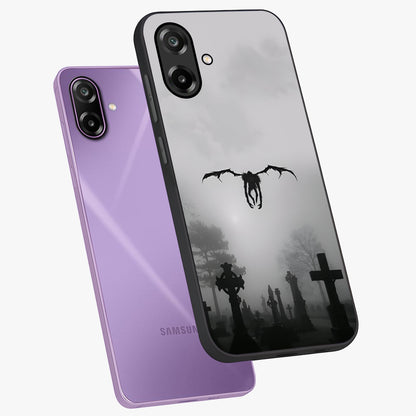 Graveyard Shadow Descent Glass Case displayed in angled mockup highlighting eerie shadow illustration with gothic aesthetic.
