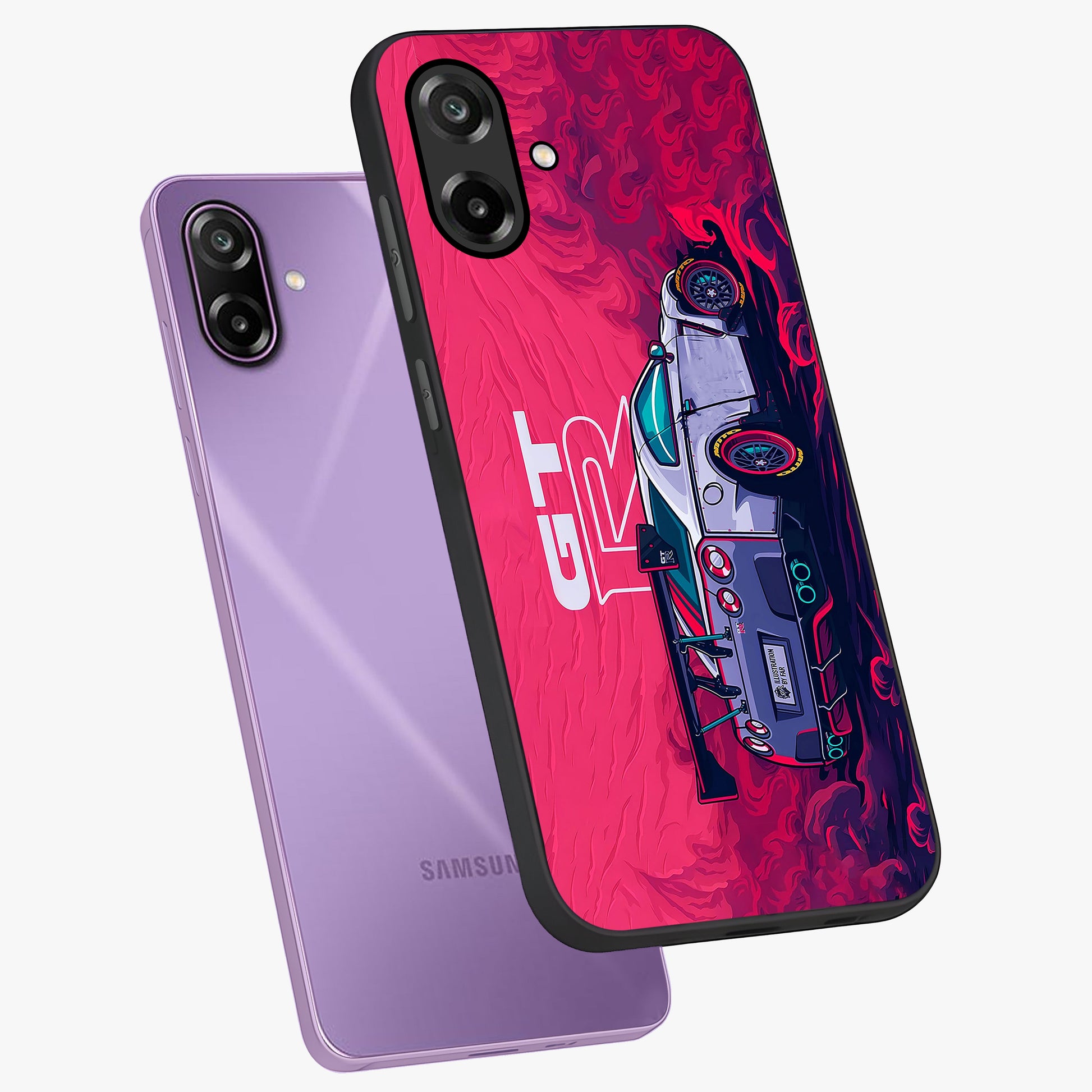 GT-R Car Pattern Glass Case displayed in angled mockup highlighting racing car graphic design with bold automotive aesthetic.
