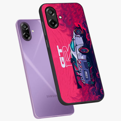 GT-R Car Pattern Glass Case displayed in angled mockup highlighting racing car graphic design with bold automotive aesthetic.