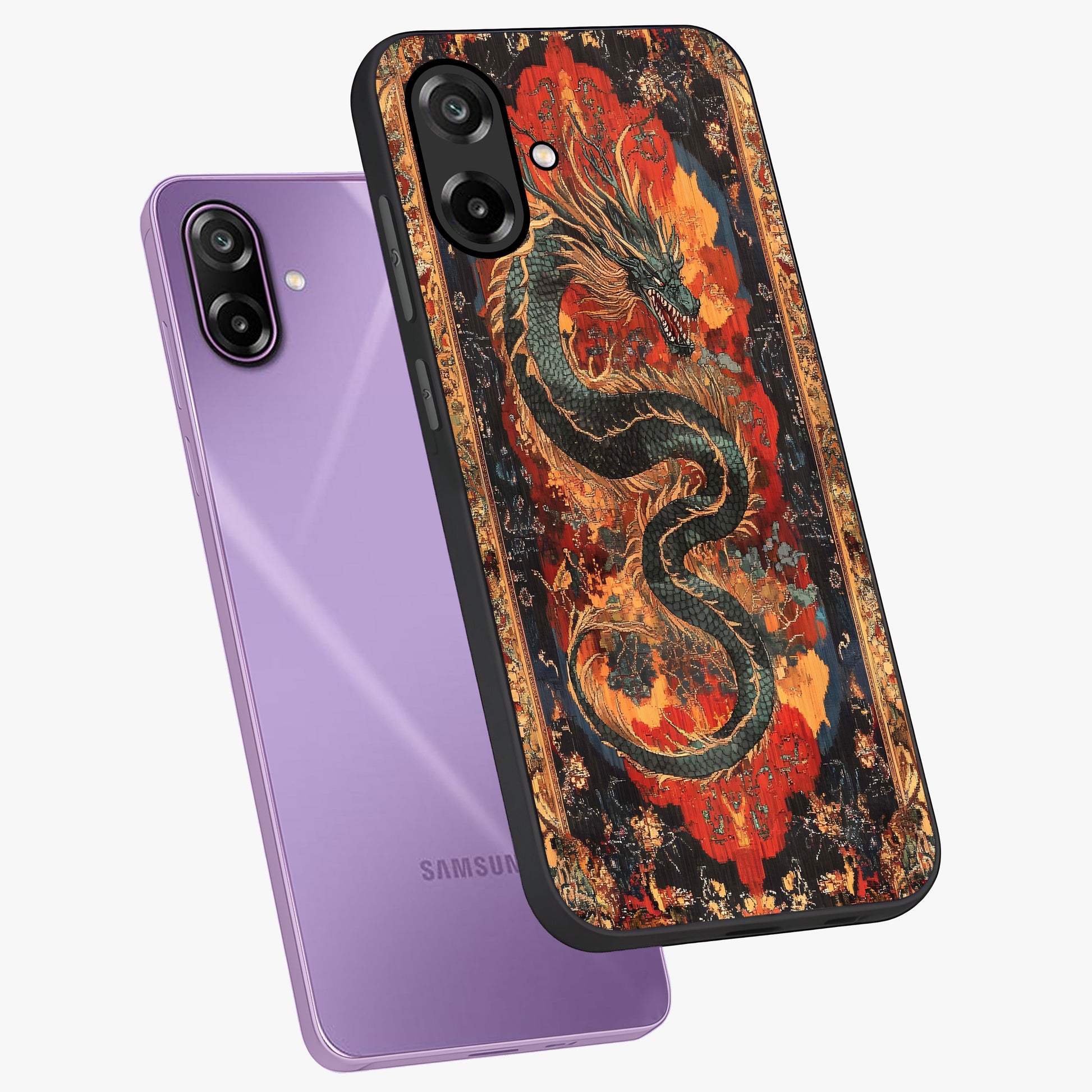 Inferno Dragon Soul Glass Case displayed in angled mockup highlighting powerful dragon illustration with inferno aesthetic.