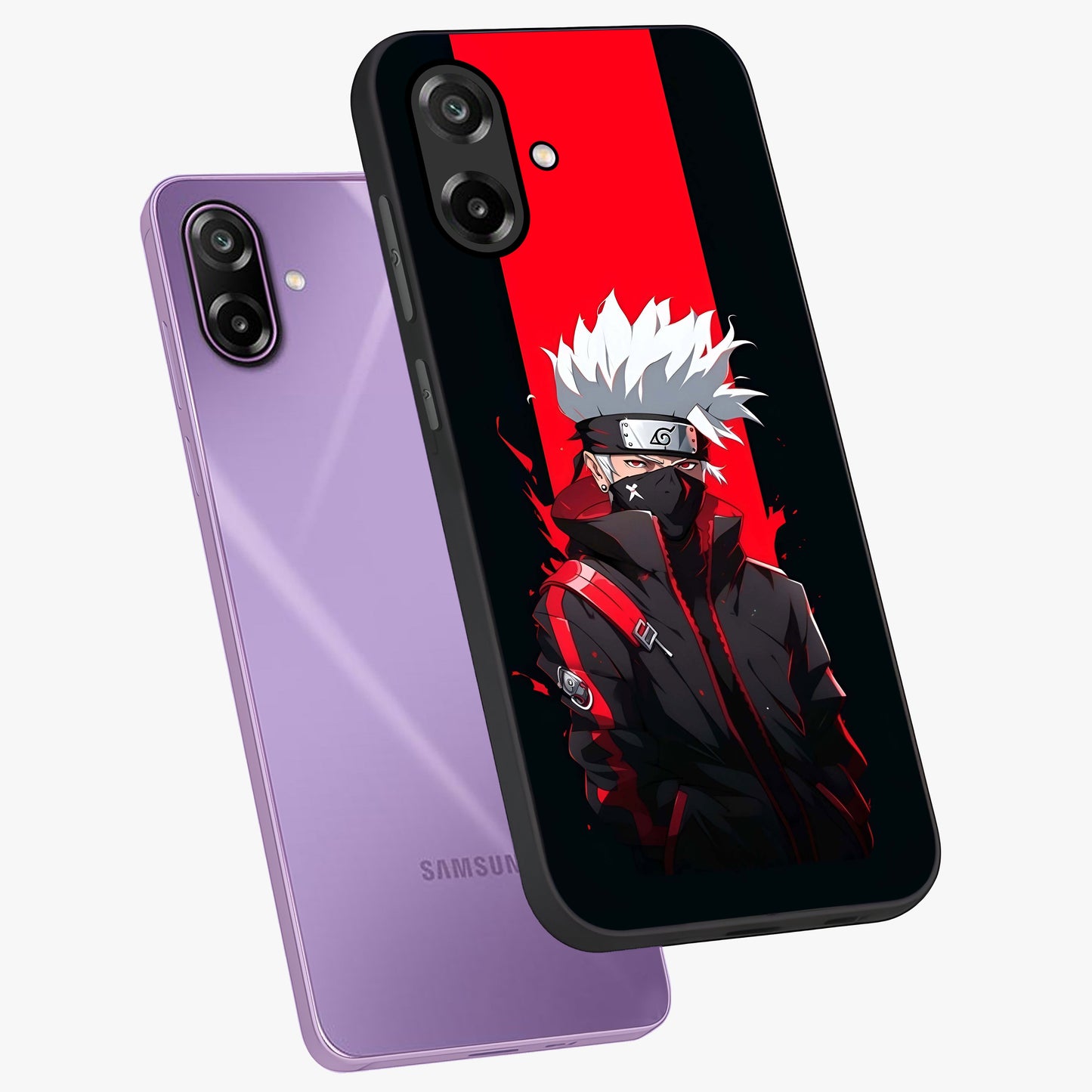 Kakashi Scarlet Shadow Glass Case displayed in angled mockup highlighting dramatic ninja illustration with scarlet themed aesthetic.