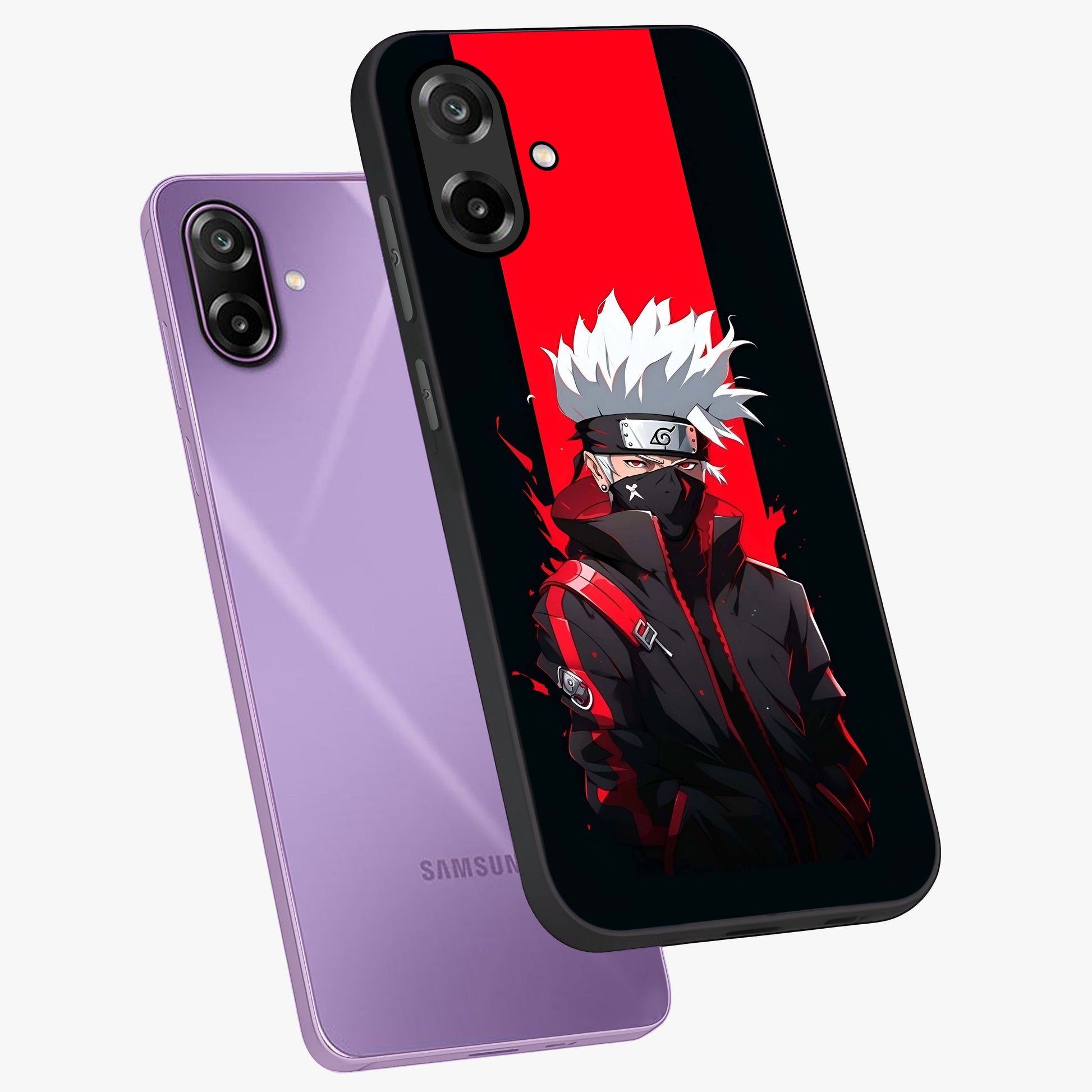 Kakashi Scarlet Shadow Glass Case displayed in angled mockup highlighting dramatic ninja illustration with scarlet themed aesthetic.