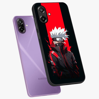Kakashi Scarlet Shadow Glass Case displayed in angled mockup highlighting dramatic ninja illustration with scarlet themed aesthetic.
