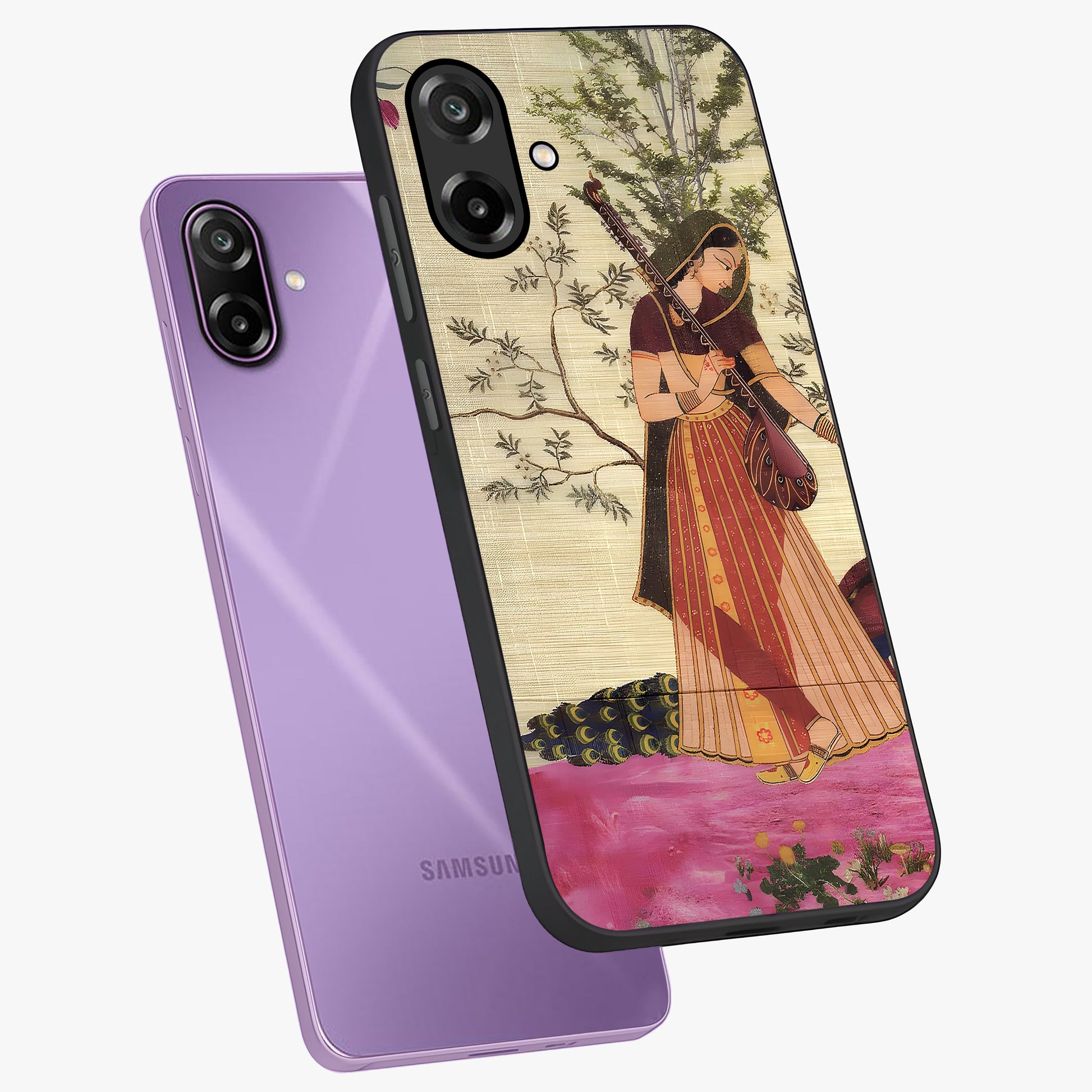 Lady With Veena Art Glass Case displayed in angled mockup highlighting graceful musical illustration with cultural artistic aesthetic.