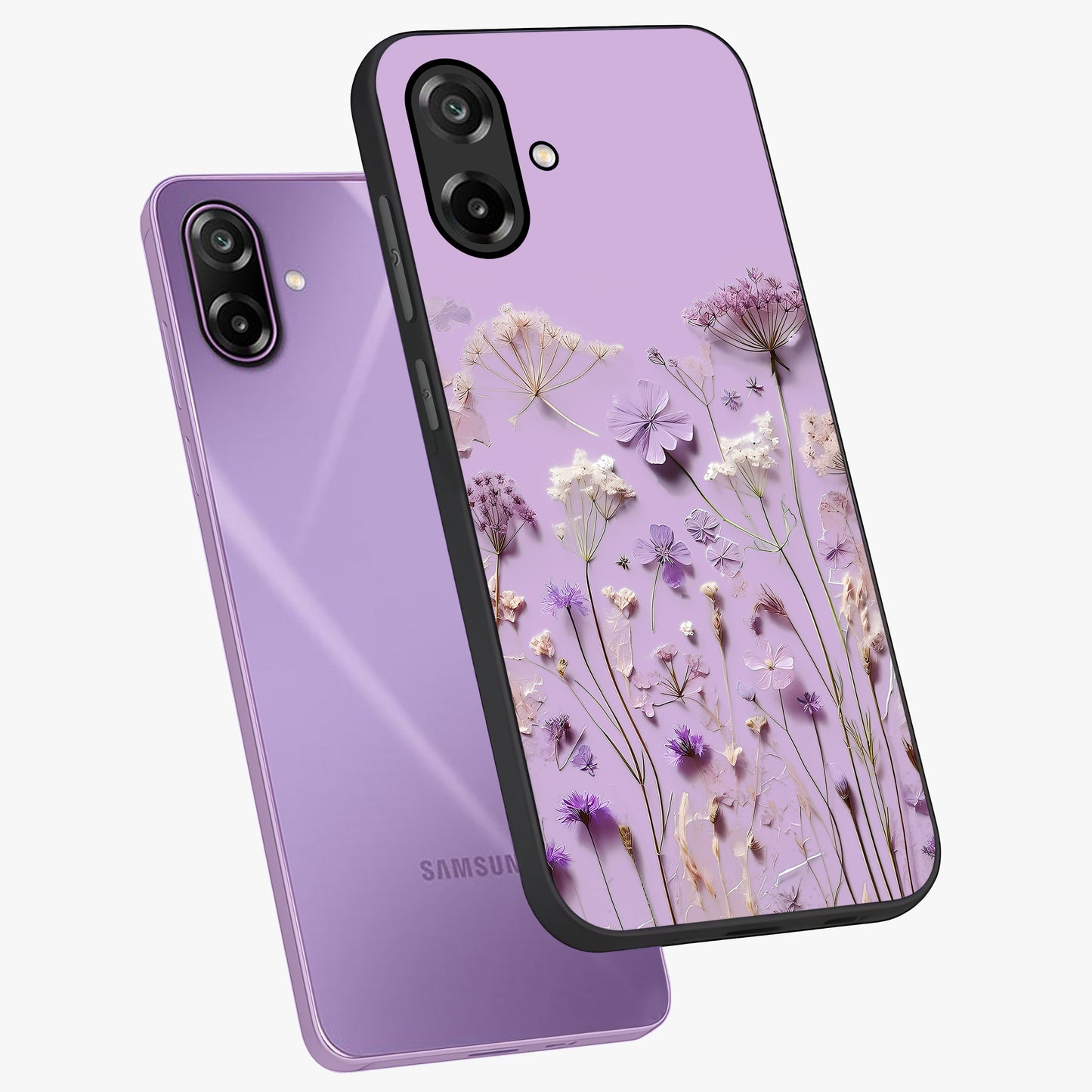 Lavender Blossom Dream Glass Case displayed in angled mockup highlighting dreamy lavender flower design with calming aesthetic style.