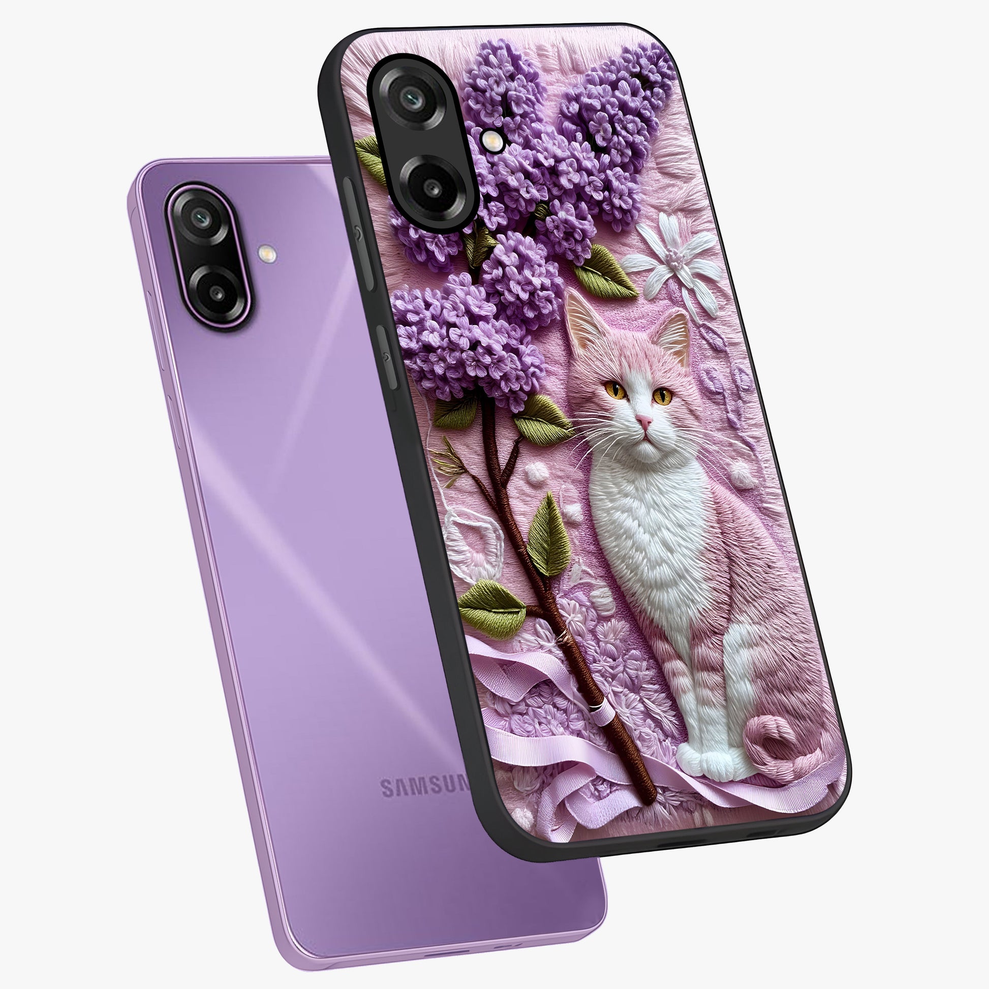 Lavender Cat Whimsy Glass Case displayed in angled mockup highlighting playful feline illustration with pastel lavender aesthetic.