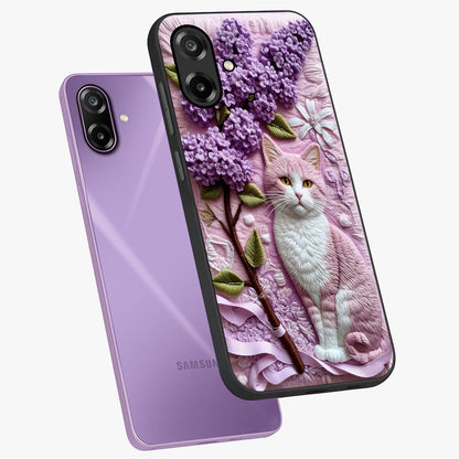 Lavender Cat Whimsy Glass Case displayed in angled mockup highlighting playful feline illustration with pastel lavender aesthetic.