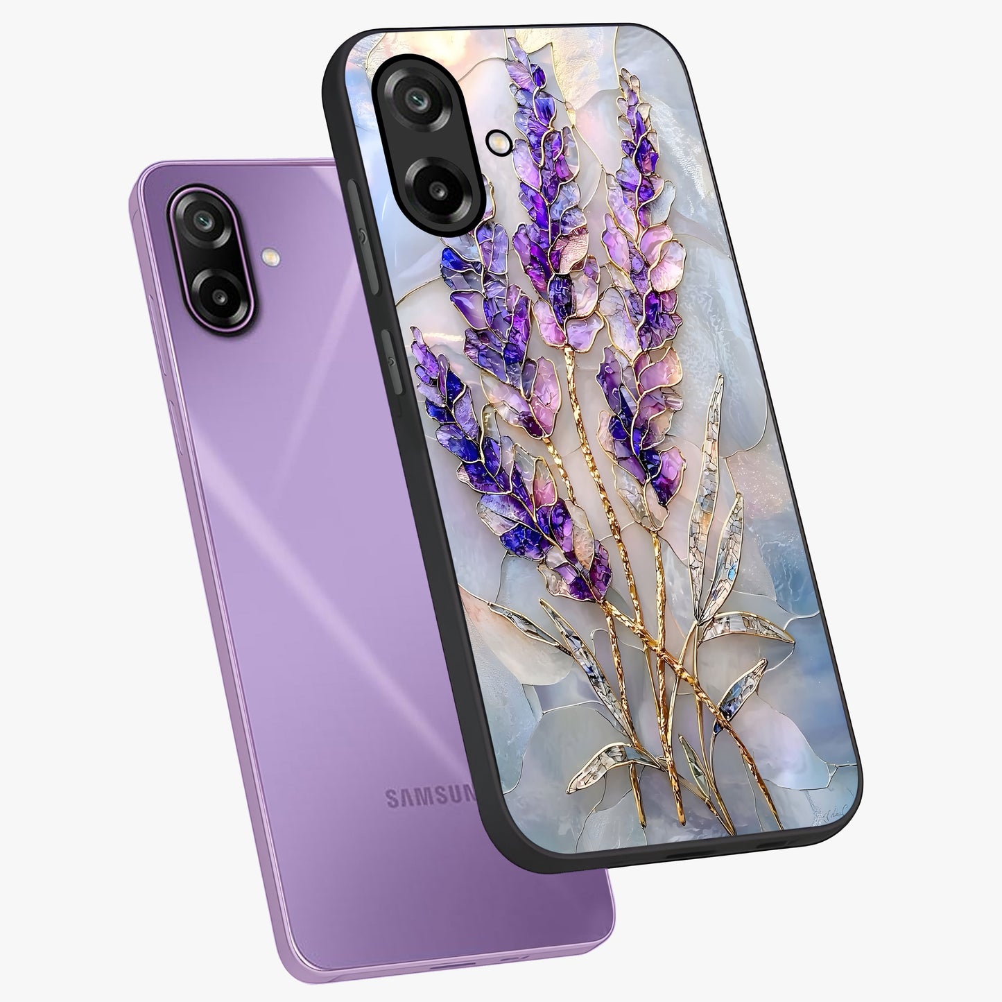Lavender Dream Glow Glass Case displayed in angled mockup highlighting dreamy purple glow design with soft artistic style.