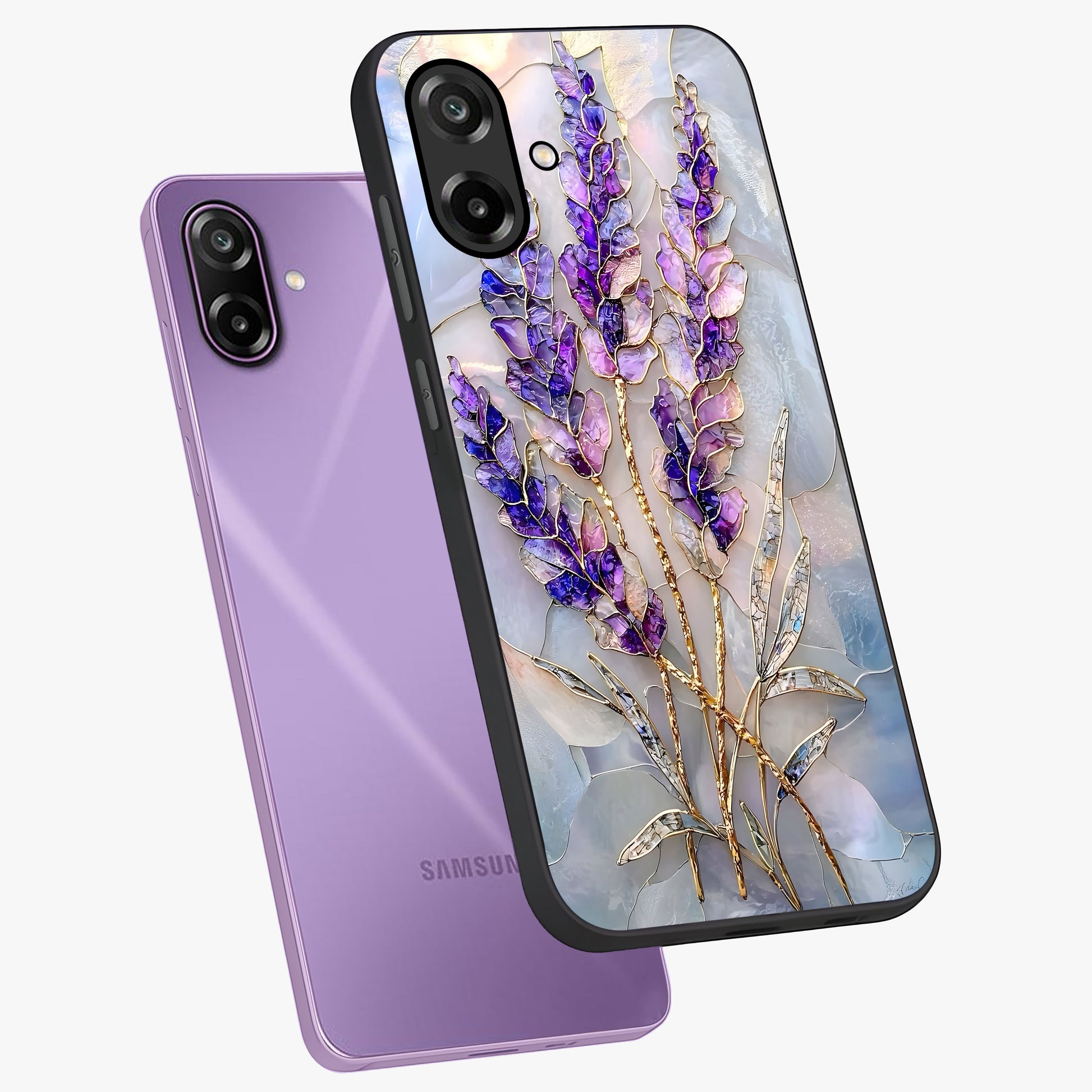 Lavender Dream Glow Glass Case displayed in angled mockup highlighting dreamy purple glow design with soft artistic style.
