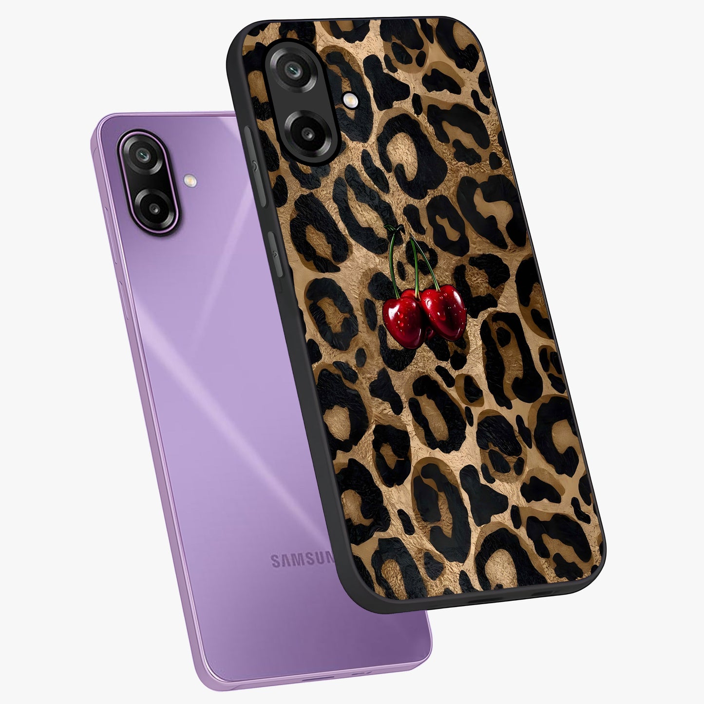 Leopard Wild Cherry Glass Case displayed in angled mockup highlighting bold animal print design with playful cherry aesthetic.