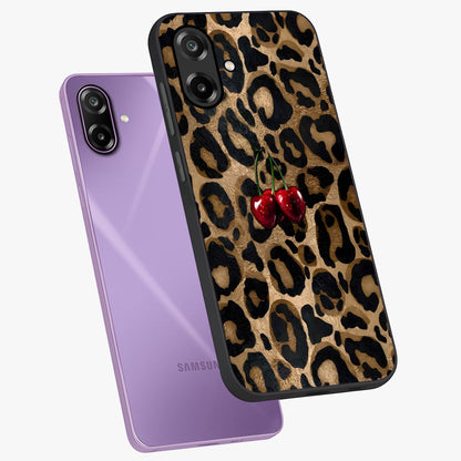 Leopard Wild Cherry Glass Case displayed in angled mockup highlighting bold animal print design with playful cherry aesthetic.
