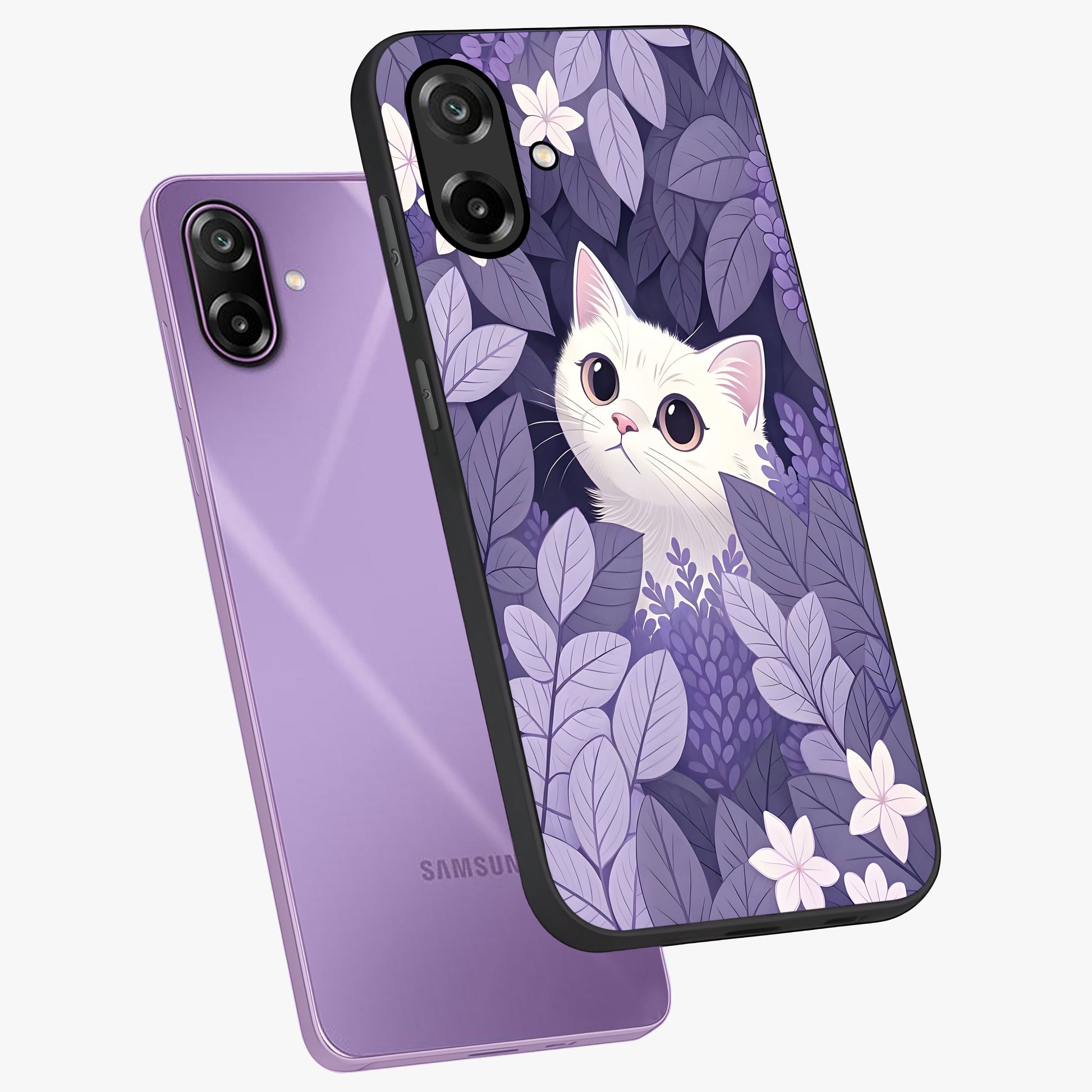 Lilac Hide Peek Cat Glass Case displayed in angled mockup highlighting playful feline illustration with lilac aesthetic design.