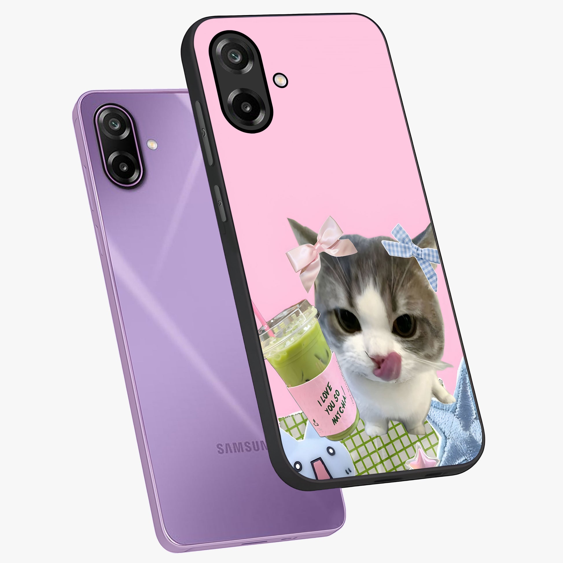 Love Matcha Cat Glass Case displayed in angled mockup highlighting playful feline illustration with cozy matcha aesthetic.