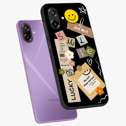 Lucky Aesthetic Collage Glass Case displayed in angled mockup highlighting stylish collage pattern with modern aesthetic vibe.