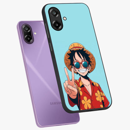 Luffy Summer Anime Vibe Glass Case displayed in angled mockup highlighting energetic anime illustration with summer vibe aesthetic.