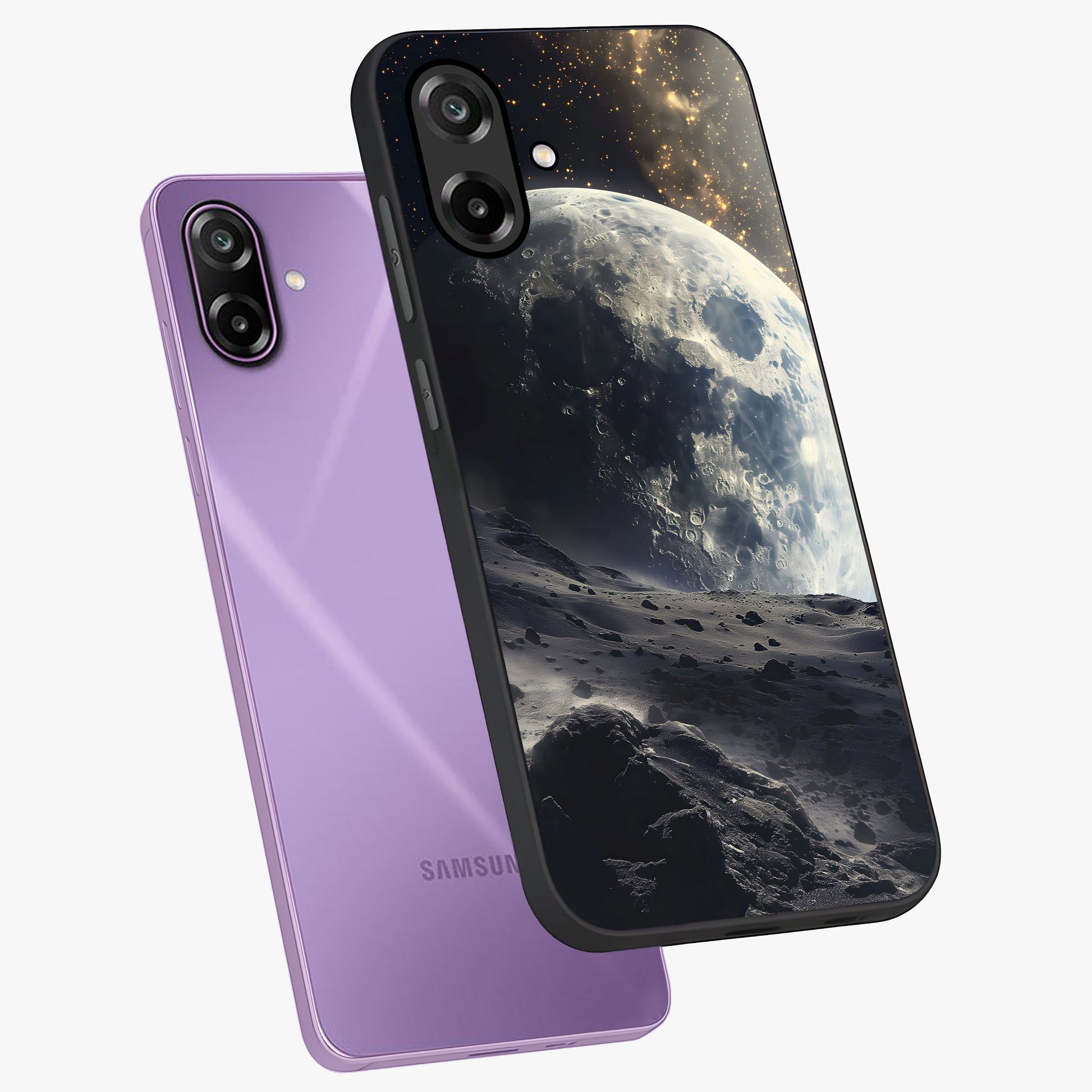 Lunar Horizon Glow Glass Case displayed in angled mockup highlighting celestial moon design with dreamy night aesthetic.
