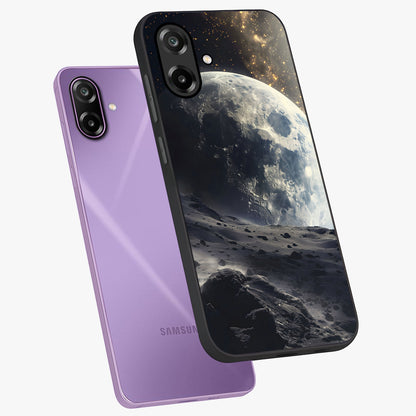 Lunar Horizon Glow Glass Case displayed in angled mockup highlighting celestial moon design with dreamy night aesthetic.