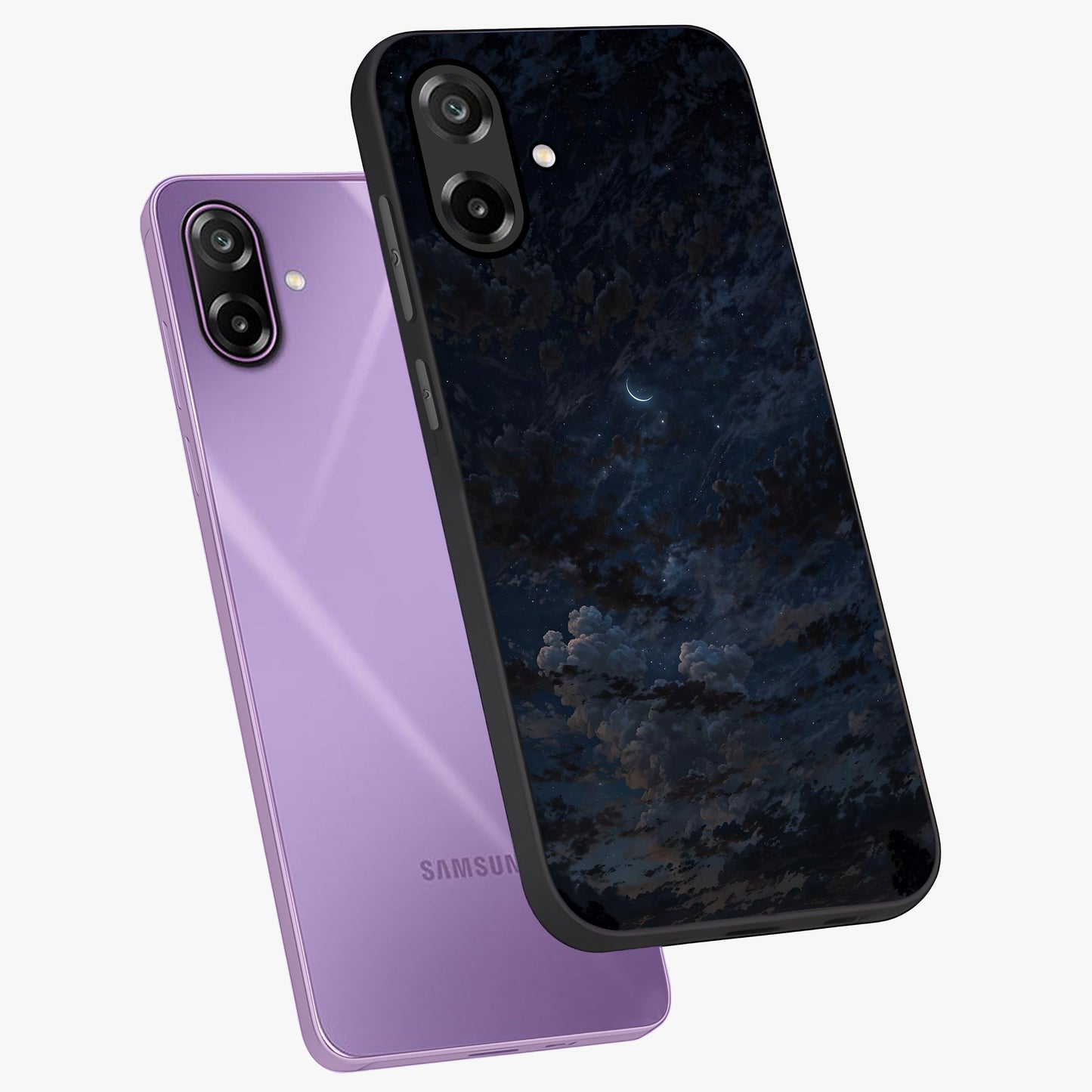 Lunar Veil Silence Glass Case displayed in angled mockup highlighting soft lunar design with peaceful celestial aesthetic.