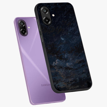 Lunar Veil Silence Glass Case displayed in angled mockup highlighting soft lunar design with peaceful celestial aesthetic.