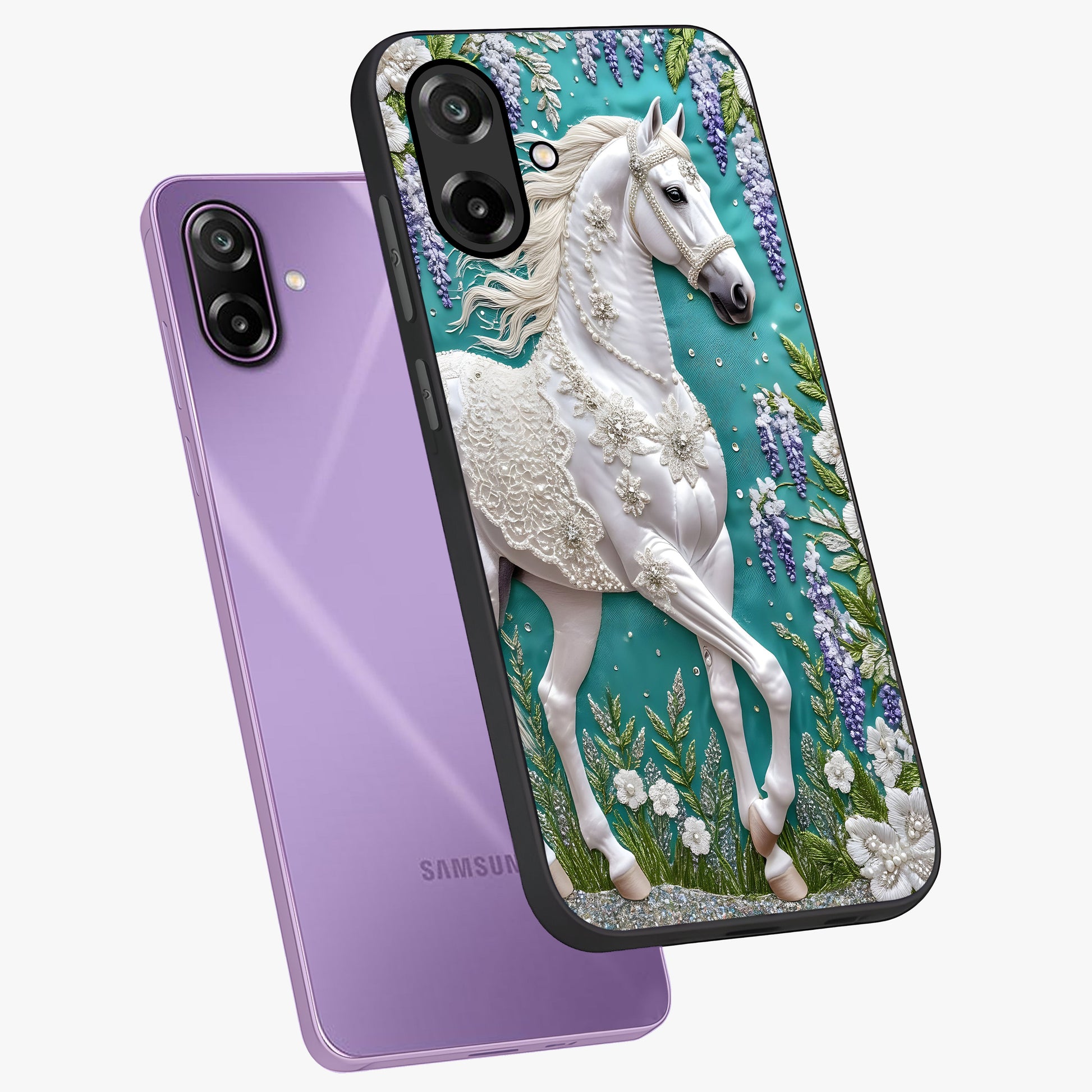 Majestic Floral Stallion Glass Case displayed in angled mockup highlighting majestic stallion illustration with elegant floral aesthetic.