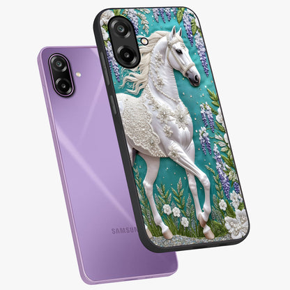 Majestic Floral Stallion Glass Case displayed in angled mockup highlighting majestic stallion illustration with elegant floral aesthetic.