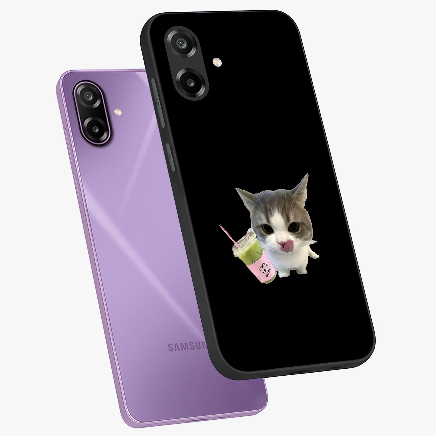 Matcha Cat Style Glass Case displayed in angled mockup highlighting playful feline design with pastel matcha aesthetic.