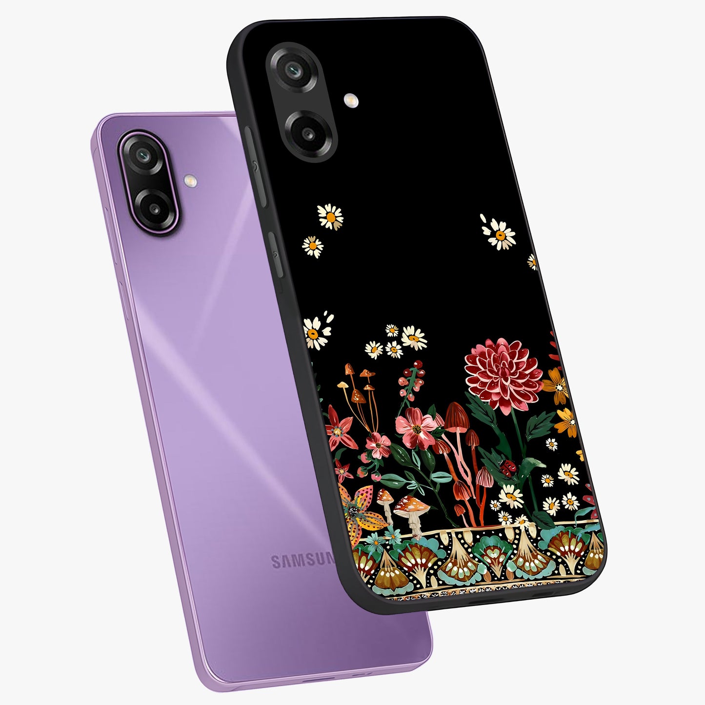 Midnight Bloom Pattern Glass Case displayed in angled mockup highlighting elegant flower design with midnight aesthetic style.