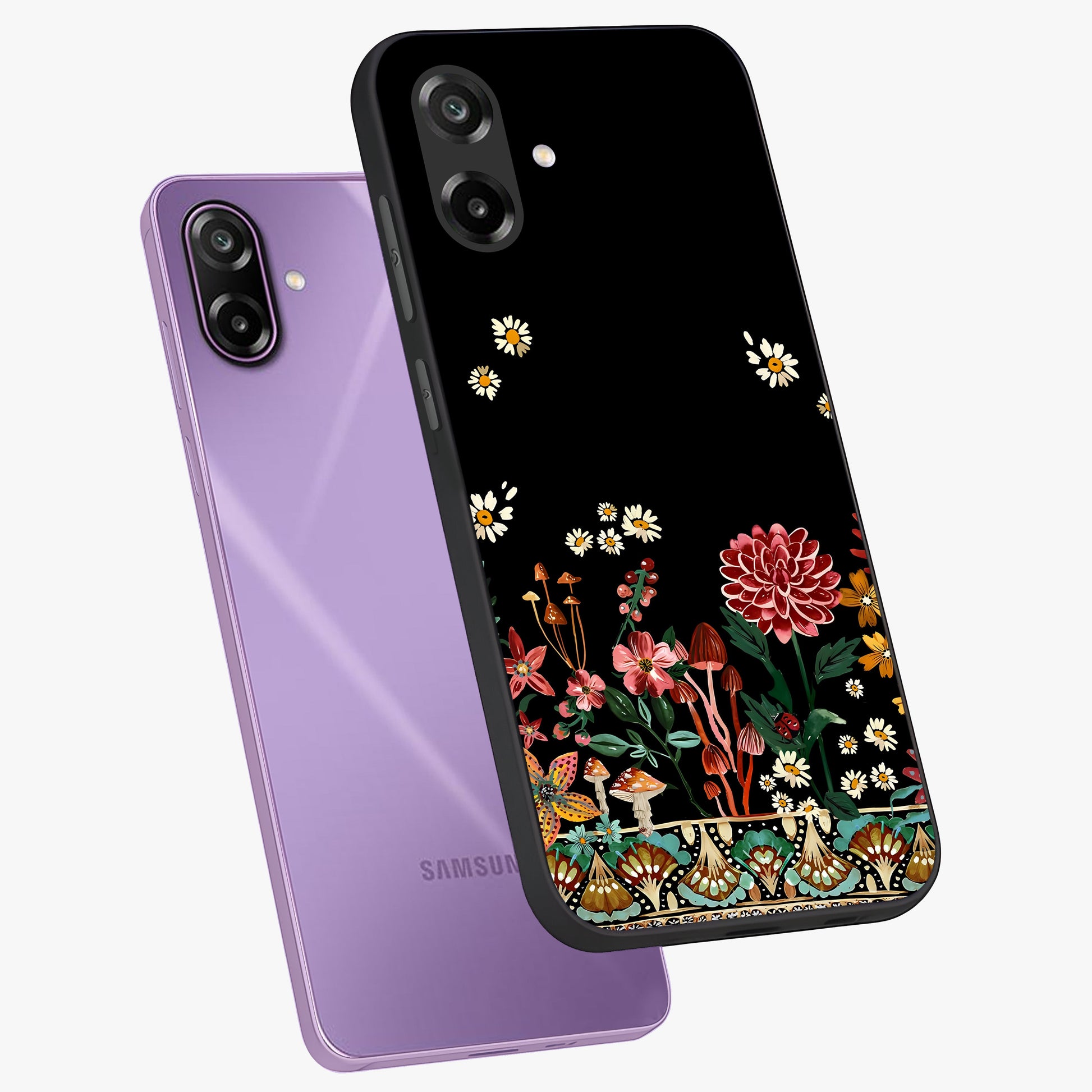 Midnight Bloom Pattern Glass Case displayed in angled mockup highlighting elegant flower design with midnight aesthetic style.