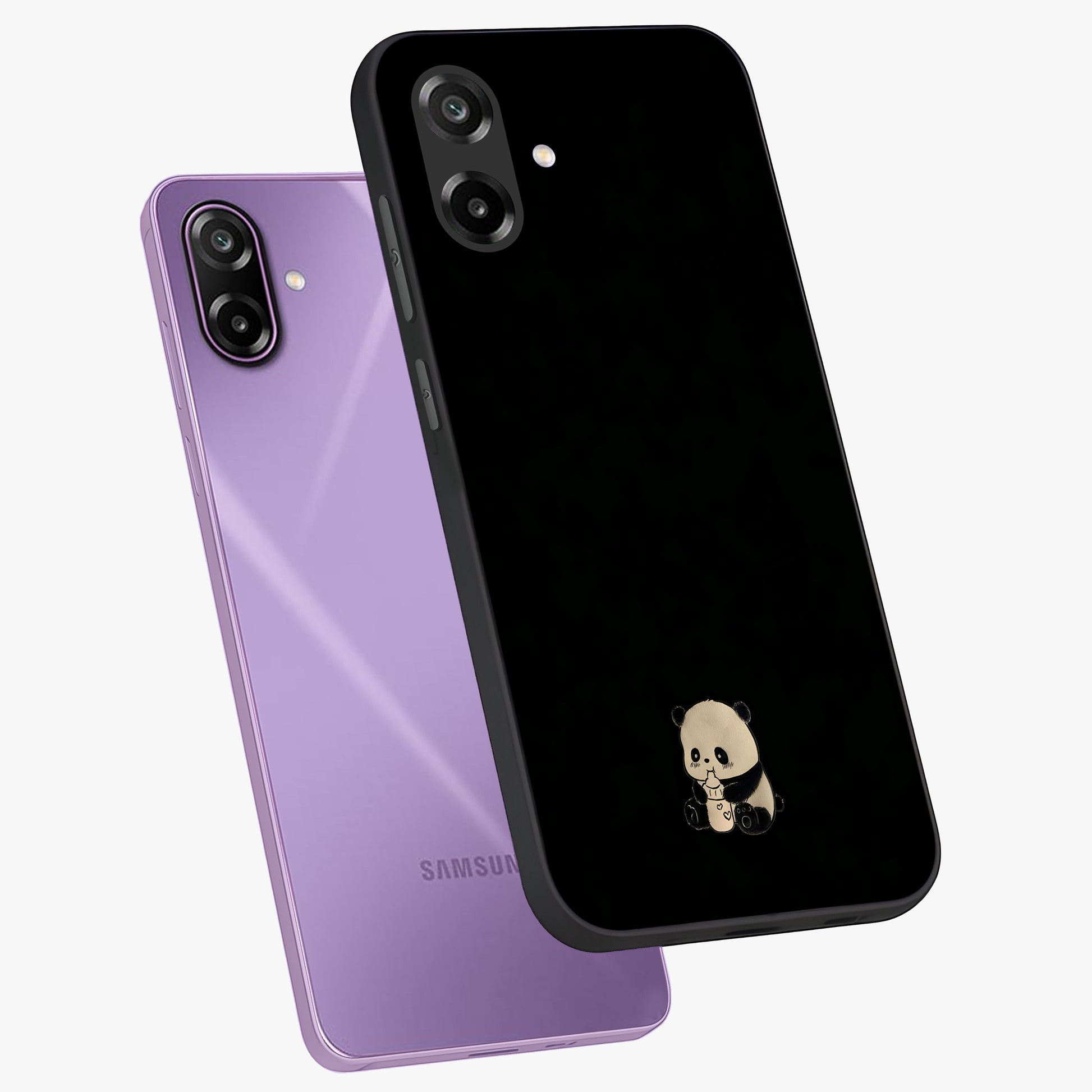 Midnight Panda Love Glass Case displayed in angled mockup highlighting adorable panda illustration with midnight aesthetic.