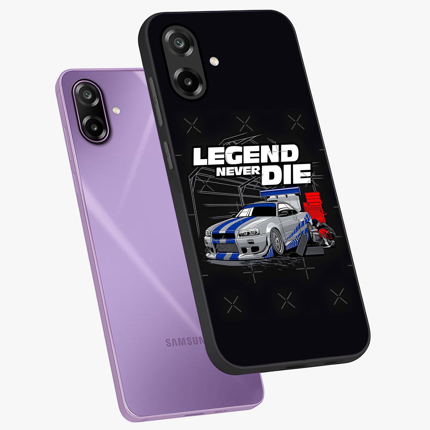 Midnight Racing Legacy Glass Case displayed in angled mockup highlighting dynamic automotive design with bold midnight aesthetic.