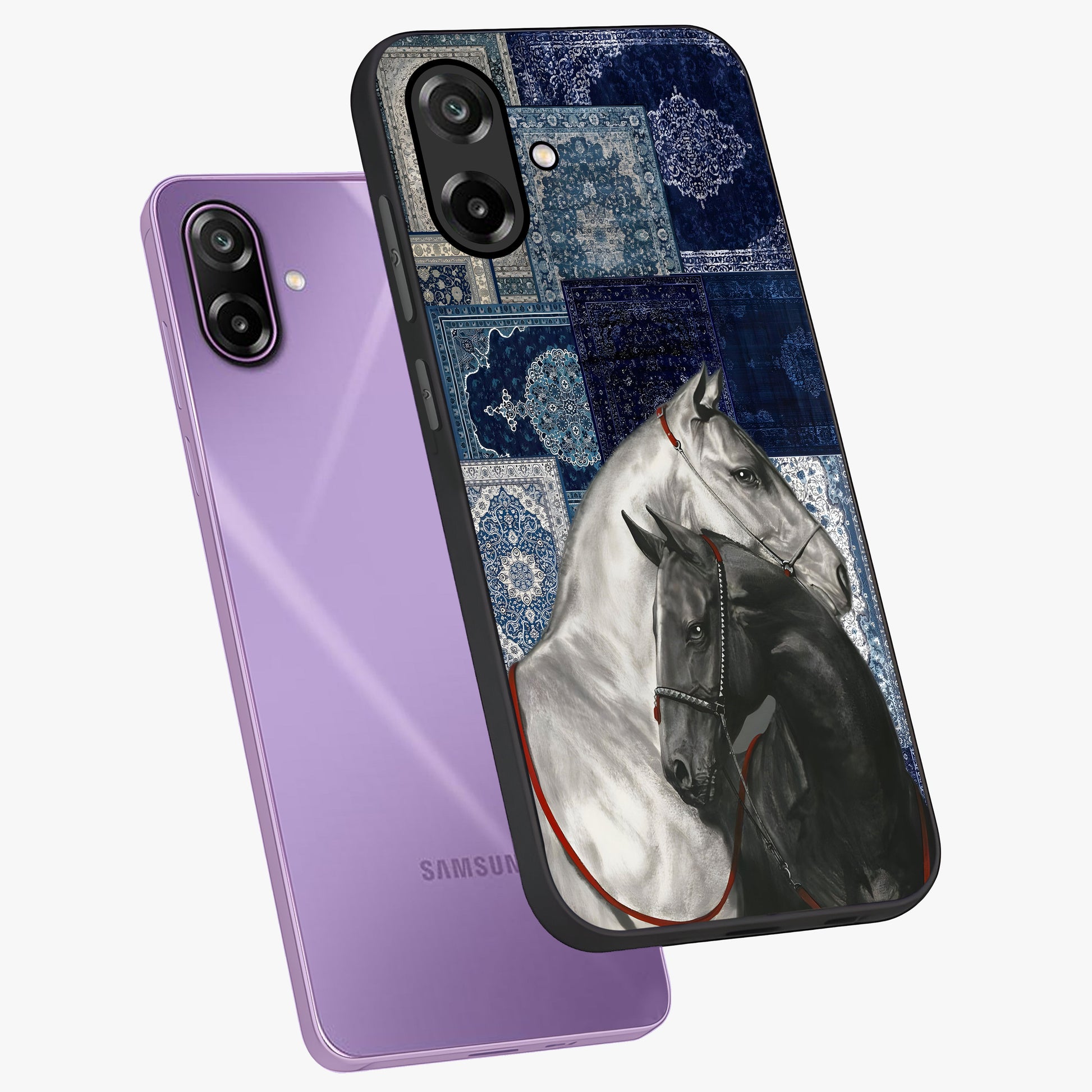 Midnight Stallion Blues Glass Case displayed in angled mockup highlighting powerful stallion illustration with deep midnight tones.