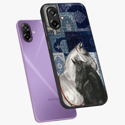 Midnight Stallion Blues Glass Case displayed in angled mockup highlighting powerful stallion illustration with deep midnight tones.