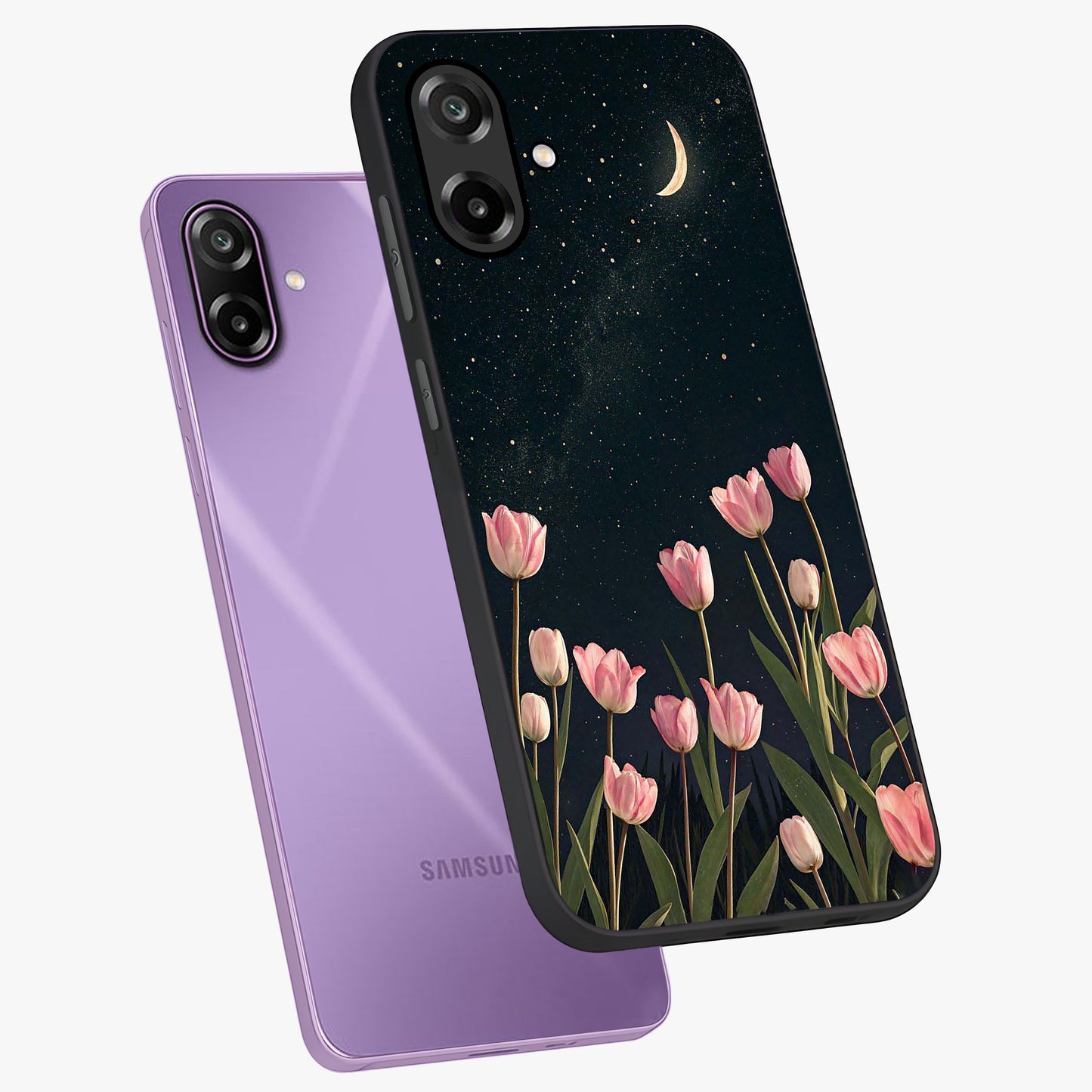 Midnight Tulip Whispers Vibe Glass Case displayed in angled mockup highlighting delicate tulip design with midnight floral aesthetic.