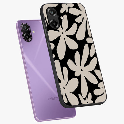 Monochrome Petal Dance Glass Case displayed in angled mockup highlighting elegant petal design with black and white aesthetic.