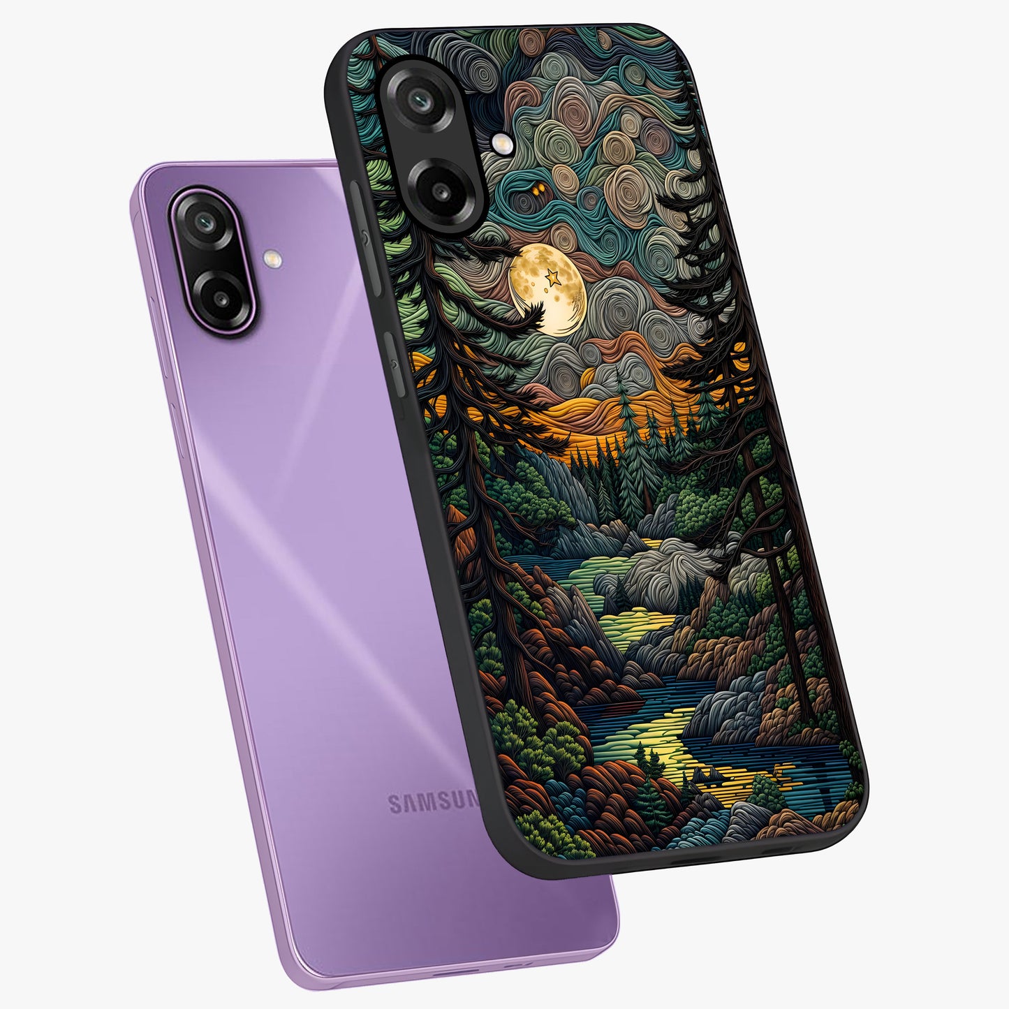 Moonlight Forest Dream Glass Case displayed in angled mockup highlighting dreamy forest design with glowing moon aesthetic.