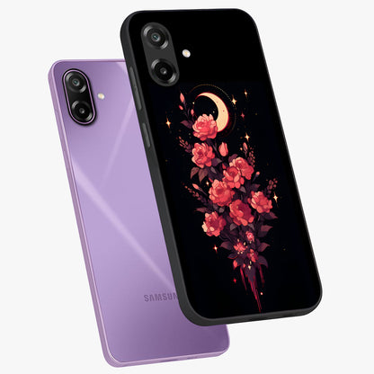 Moonlit Floral Elegance Glass Case displayed in angled mockup highlighting graceful flower design with soft moonlight aesthetic.