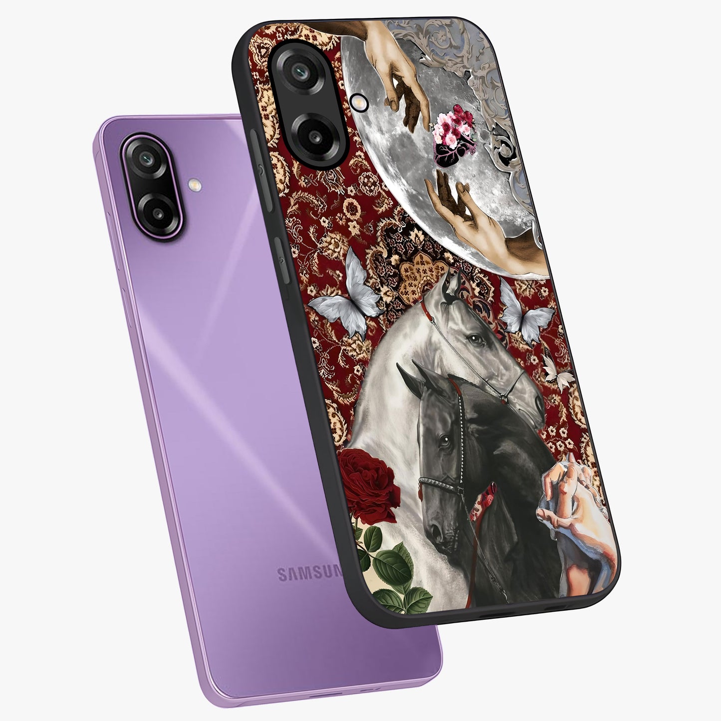 Moonlit Royal Stallion Glass Case displayed in angled mockup highlighting powerful stallion illustration with royal night aesthetic.