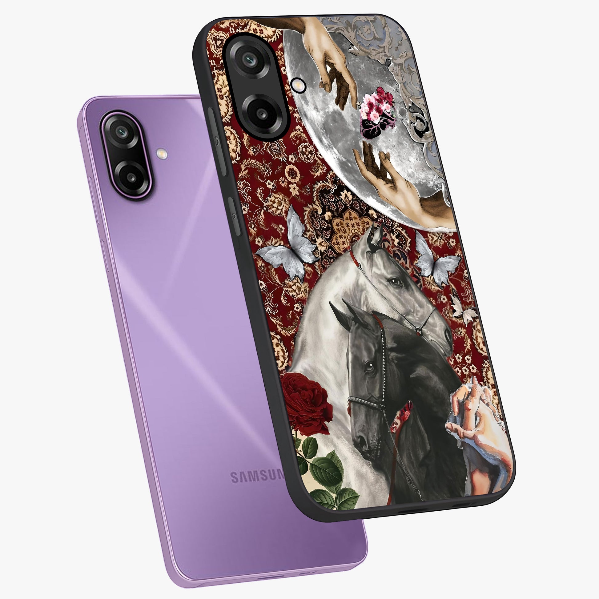Moonlit Royal Stallion Glass Case displayed in angled mockup highlighting powerful stallion illustration with royal night aesthetic.