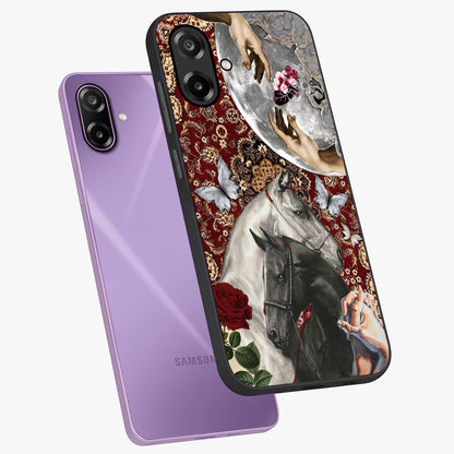 Moonlit Royal Stallion Glass Case displayed in angled mockup highlighting powerful stallion illustration with royal night aesthetic.
