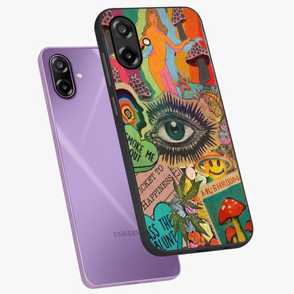Mystic Eye Wonderland Glass Case displayed in angled mockup highlighting magical eye illustration with dreamy aesthetic.