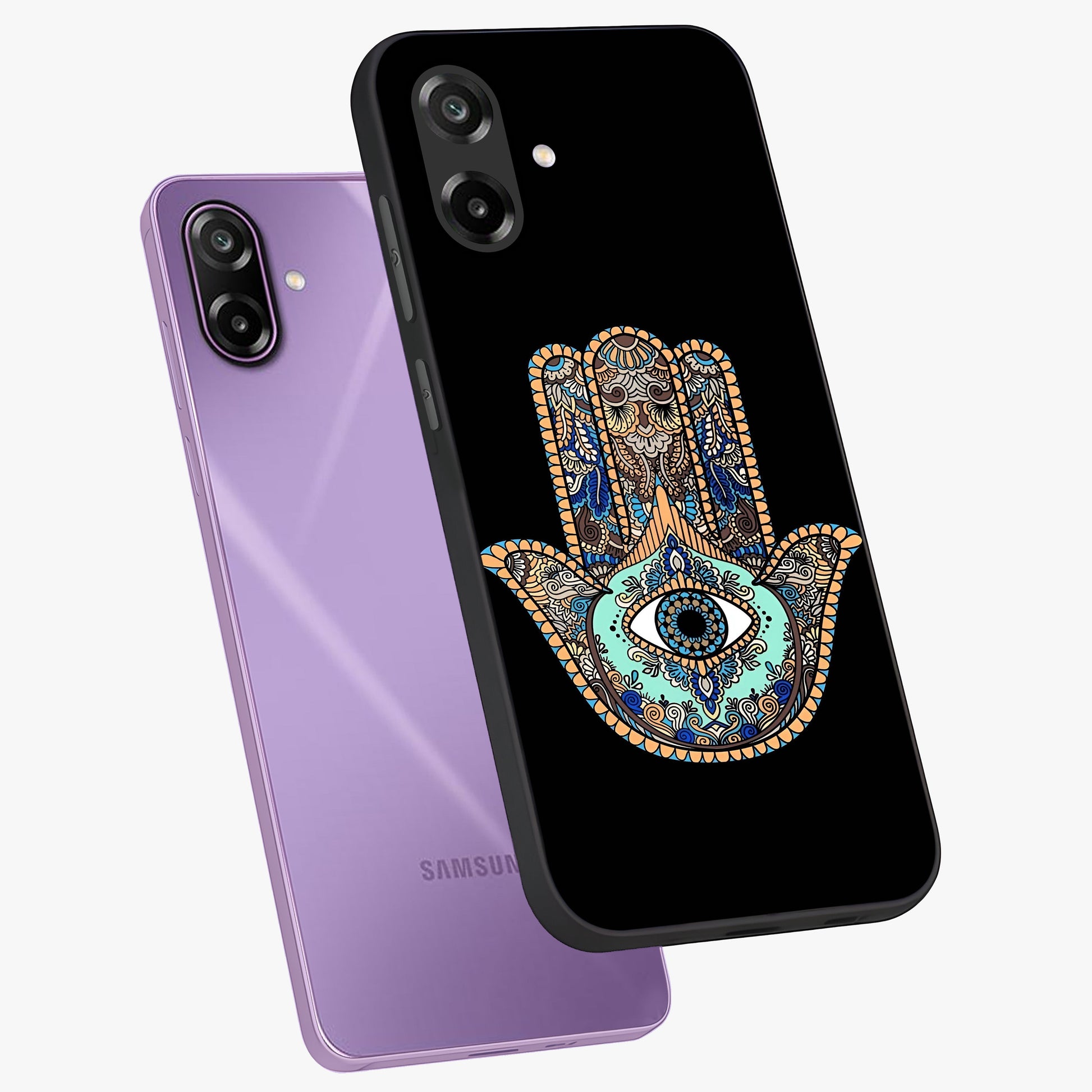 Mystic Hamsa Eye Glass Case displayed in angled mockup highlighting spiritual hamsa symbol with mystical aesthetic style.