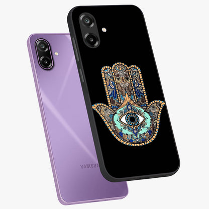 Mystic Hamsa Eye Glass Case displayed in angled mockup highlighting spiritual hamsa symbol with mystical aesthetic style.