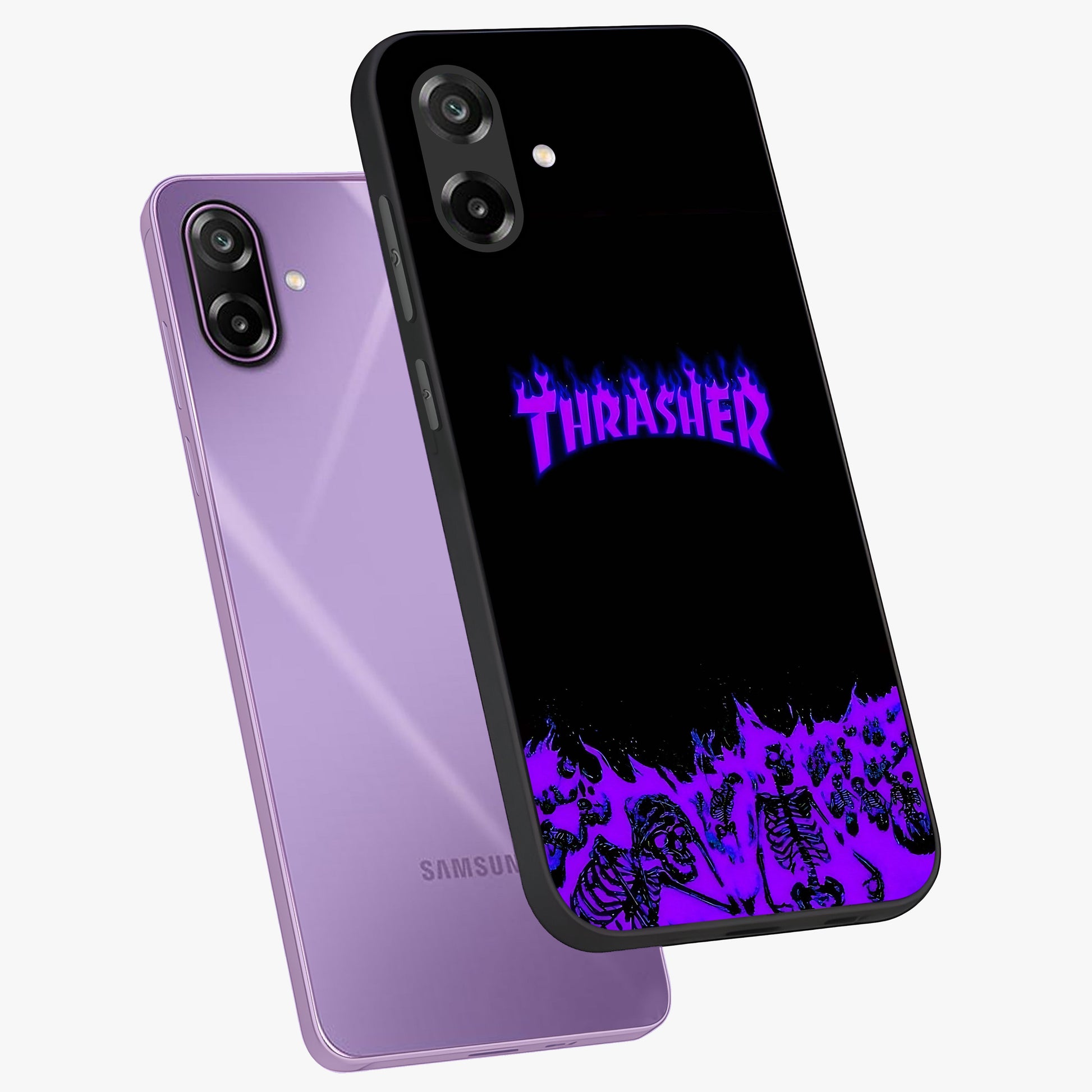 Neon Flame Riot Glass Case displayed in angled mockup highlighting glowing flame design with vibrant neon aesthetic.