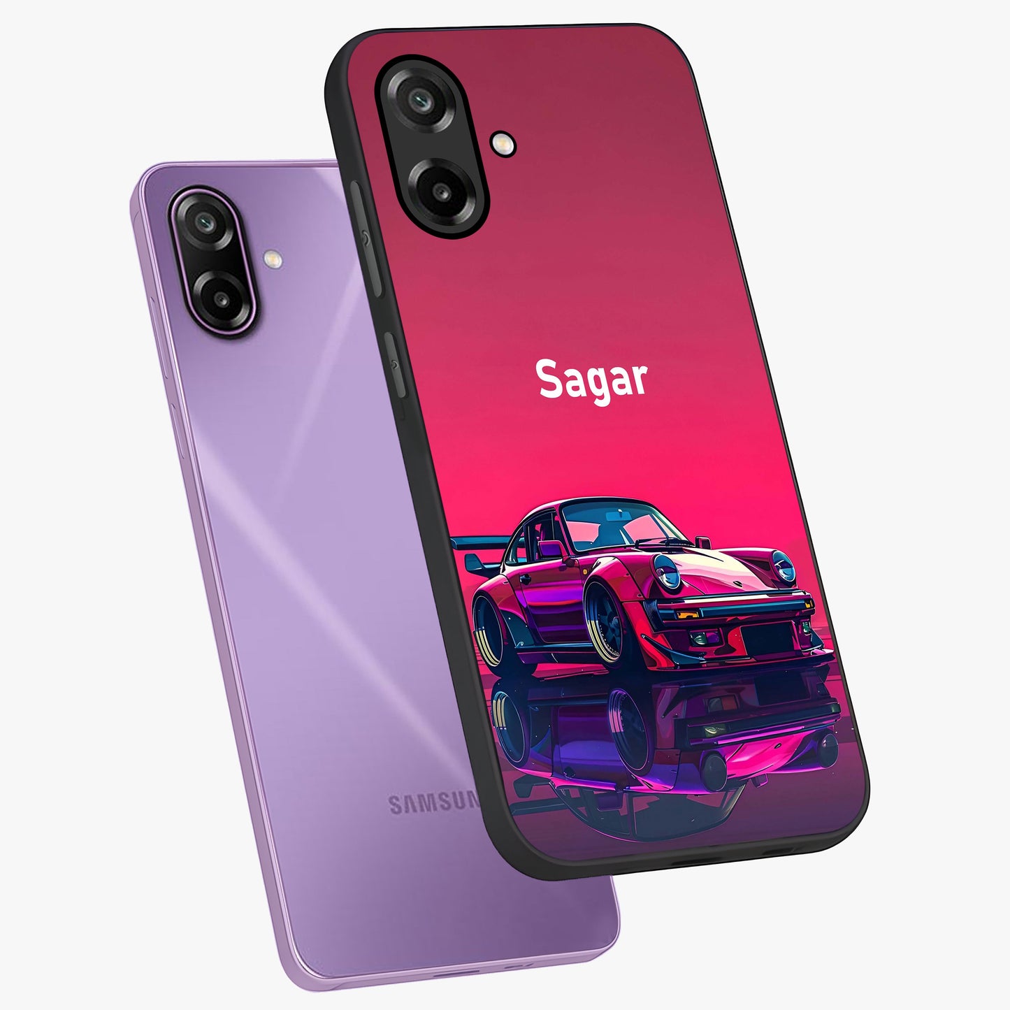 Neon Pink Porsche Glass Case displayed in angled mockup highlighting sleek neon pink car design with racing aesthetic.